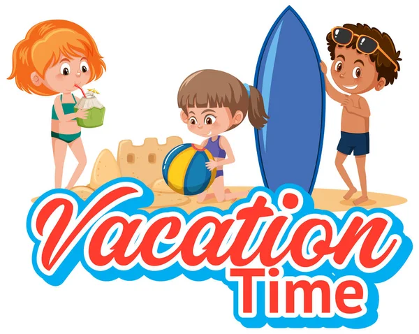 Font Design Vacation Time Kids Playing Beach Illustration — Stock Vector