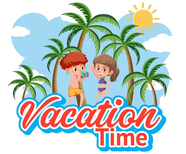 Font Design Vacation Time Happy Boy Girl Illustration — Stock Vector