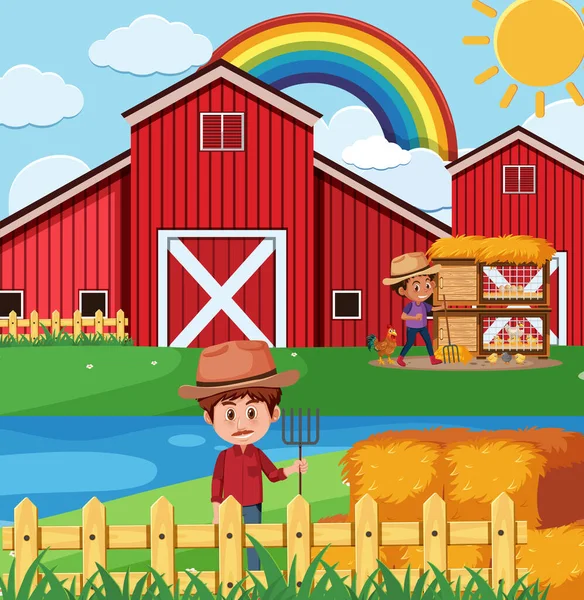 Escena Granja Con Granjeros Pollos Granja Ilustración — Vector de stock