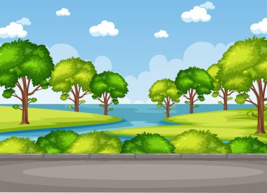 Park illüstrasyonunda ağaçların ve gölün olduğu arkaplan sahnesi