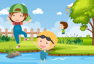 Park illüstrasyonunda çocuklarla arka plan sahnesi