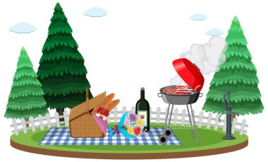Bahçede piknik için şarap ve yemek sahnesi