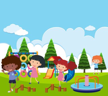 Park illüstrasyonunda birçok çocuğun oynadığı sahne