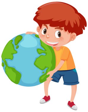 Dünyayı beyaz arka planda tutan mutlu çocuk.