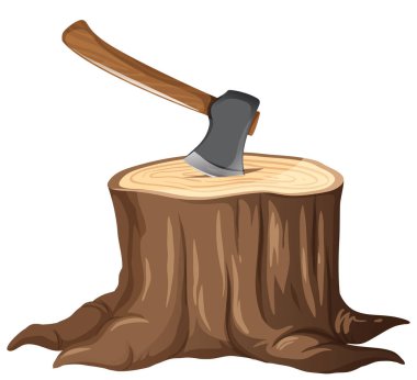 Kütük ağacı illüstrasyonunda keskin balta