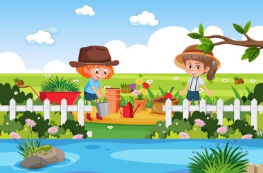 Park illüstrasyonunda ağaç diken kızların olduğu sahne.