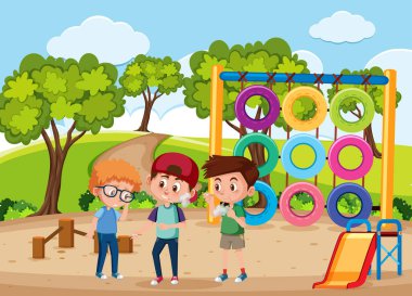 Park illüstrasyonunda sigara içen çocukların olduğu sahne