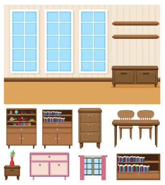 Beyaz arkaplanda mobilyaları olan boş bir odanın arkaplan sahnesi