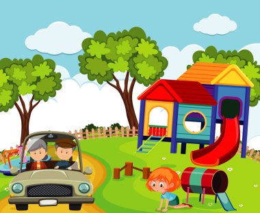 Park illüstrasyonunda araba kullanan insanların olduğu sahne