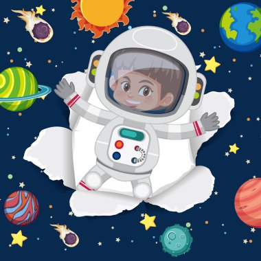 Uzay resimlemesinde uçan astronot ile uzay teması arkaplanı