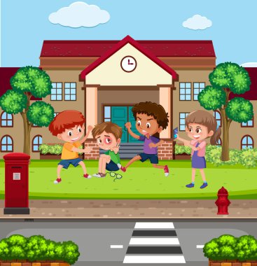 Okul illüstrasyonundaki arkadaşlarına zorbalık eden bir çocuk sahnesi