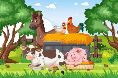 Park illüstrasyonunda çiftlik hayvanlarıyla arka plan sahnesi