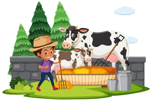 Scena Gospodarcza Chłopcem Karmiącym Krowy Sianem Ilustracja — Wektor stockowy