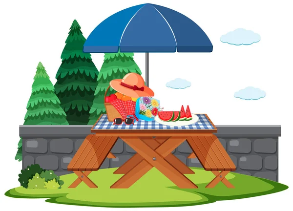 Picknick Szene Mit Essen Auf Dem Tisch Garten Illustration — Stockvektor