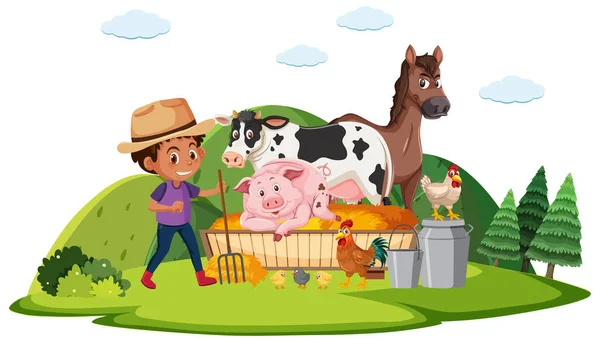 Granja Escena Con Granjero Muchos Animales Granja Ilustración — Vector de stock