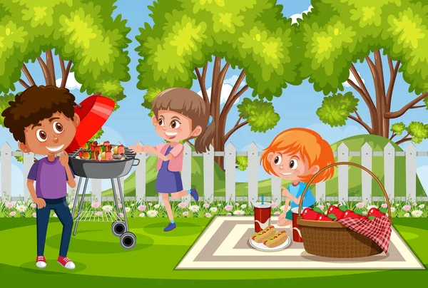 Hintergrundszene Mit Glücklichen Kindern Park Illustration — Stockvektor