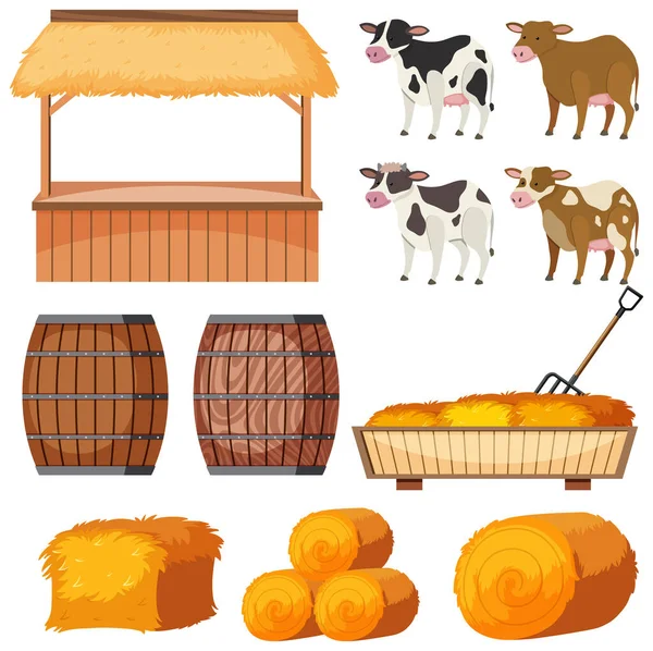 Conjunto Animales Granja Heno Sobre Fondo Blanco Ilustración — Vector de stock