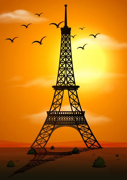 Escena Silueta Con Torre Eiffel Atardecer Ilustración — Vector de stock