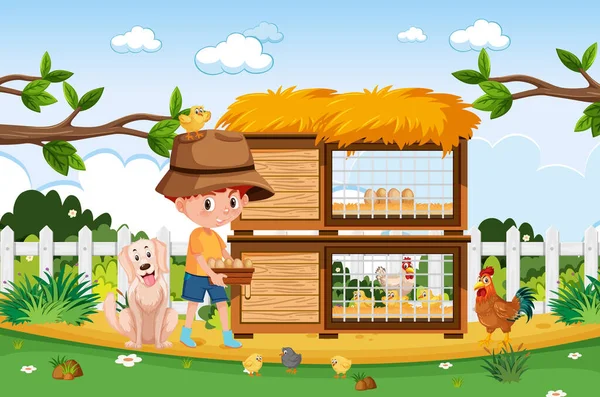 Farm Scene Farmboy Chickens Farm Illustration — Stock Vector