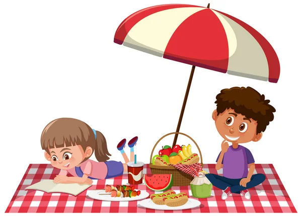Zwei Kinder Picknicken Auf Weißem Hintergrund — Stockvektor