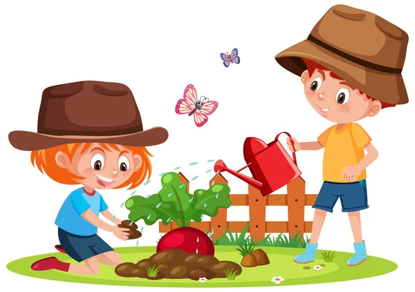 Сцена Двумя Детьми Сажающими Овощи Саду Иллюстрация — стоковый вектор