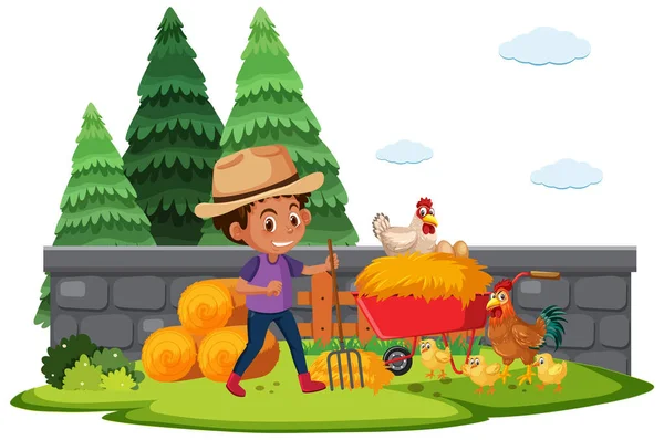 Farm Scene Farmboy Feeding Chickens Farm Illustration — Stock Vector