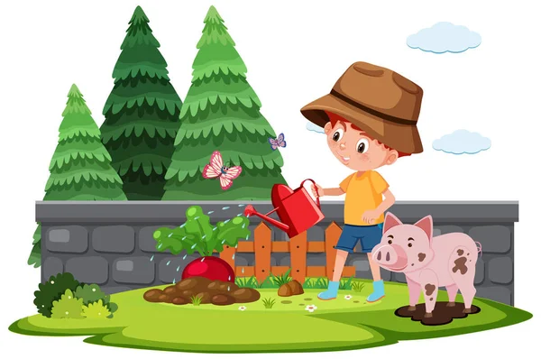 Granja Escena Con Niño Riego Vegetal Jardín Ilustración — Vector de stock