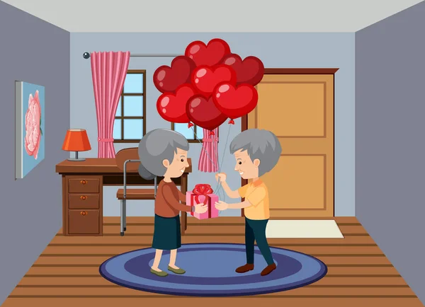 Hintergrundszene Altes Paar Mit Geschenk Und Luftballons — Stockvektor