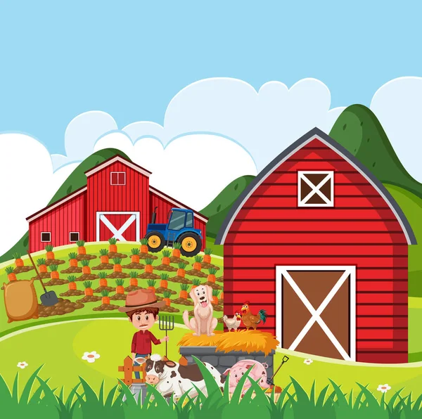 Escena Granja Con Granjeros Muchos Animales Granja Ilustración — Vector de stock