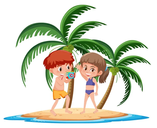 Crianças Ilha Tropical Posando Lado Personagem Desenho Animado Prancha Surf — Vetor de Stock