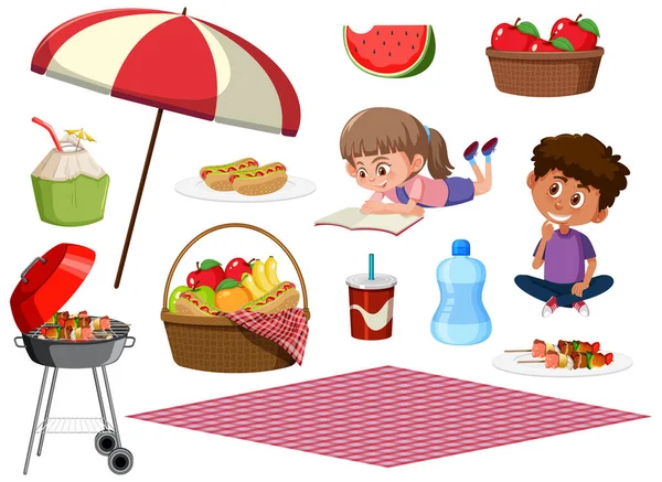 Zestaw Piknik Szczęśliwymi Dziećmi Jedzenie Białym Tle Ilustracji — Wektor stockowy