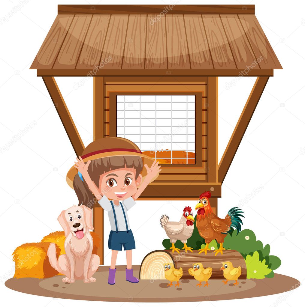 Little girl and chicken coop on white background illustration