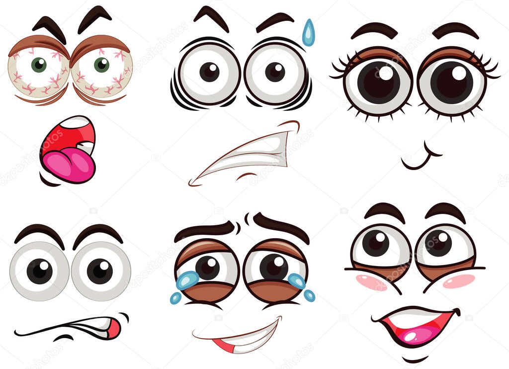 Set of different facial expressions on white background illustration
