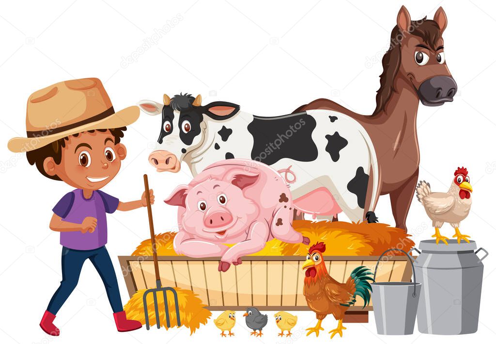 Farmboy and many animals on white background illustration