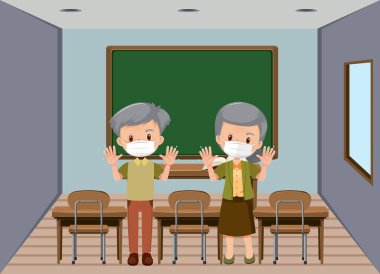 Maske çizimi takan yaşlı insanların sahne arkası