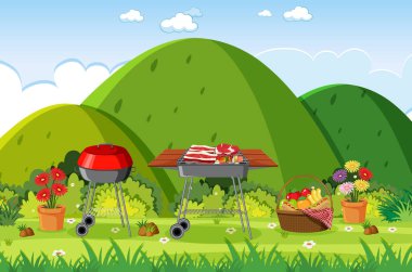 Park illüstrasyonunda BBQ ile arkaplan sahnesi