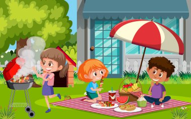 Parkta yemek yiyen mutlu çocukların olduğu sahne.