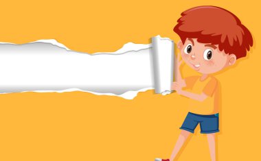 Turuncu kağıt çiziminde mutlu bir çocukla arka plan şablonu tasarımı