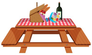 Beyaz arkaplanda yemek ve çiçeklerle piknik masası