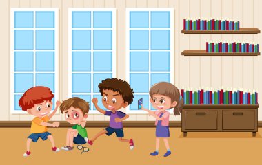 Okul illüstrasyonunda arkadaşa zorbalık eden çocukların olduğu sahne.