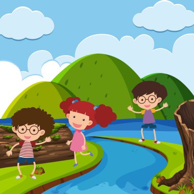 Park illüstrasyonunda birçok çocuğun oynadığı sahne