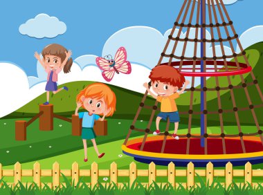 Park illüstrasyonunda birçok çocuğun oynadığı sahne
