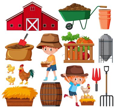 Beyaz arkaplan illüstrasyonunda bahçıvanlık ögeleri kümesi