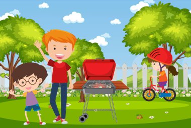 Park illüstrasyonunda çocuklarla arka plan sahnesi