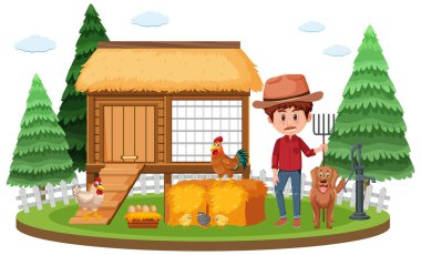 Çiftlik illüstrasyonunda çiftçi ve tavukların olduğu bir sahne.