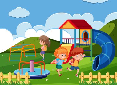 Park illüstrasyonunda çocukların oynadığı sahne