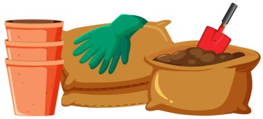 Bahçıvanlık aletleri ve çantalarda toprak.