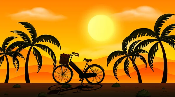 Hintergrundszene Mit Sonnenuntergang Und Silhouette Fahrrad Und Bäume Illustration — Stockvektor