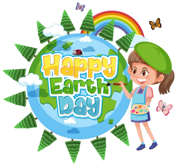 Poster Design Für Happy Earth Day Mit Glücklichen Mädchen Malerei — Stockvektor
