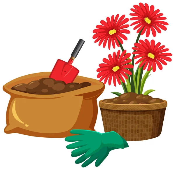 白い背景のイラストの土鍋の赤い花 — ストックベクタ
